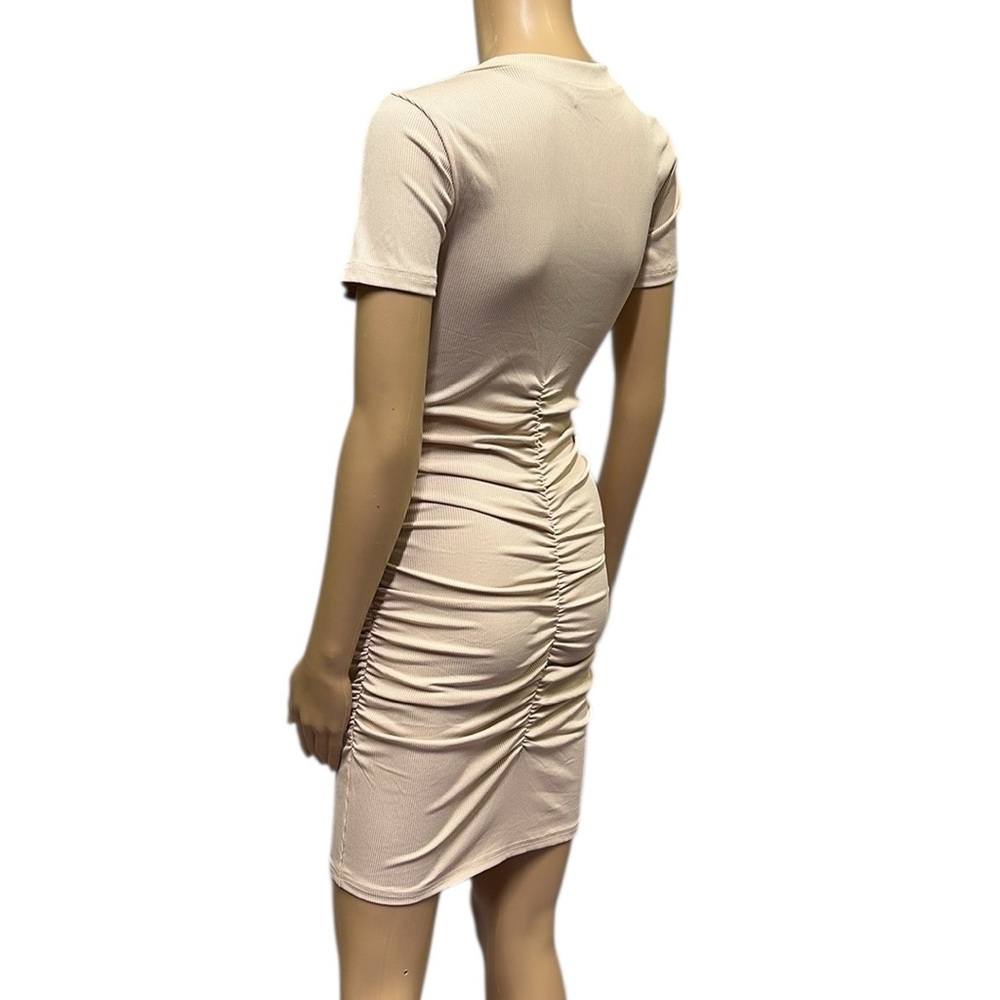 Beyove Ruched Bodycon Ribbed V Neck Button Front Short Sleeve Mini Dress Small - Picture 4 of 10